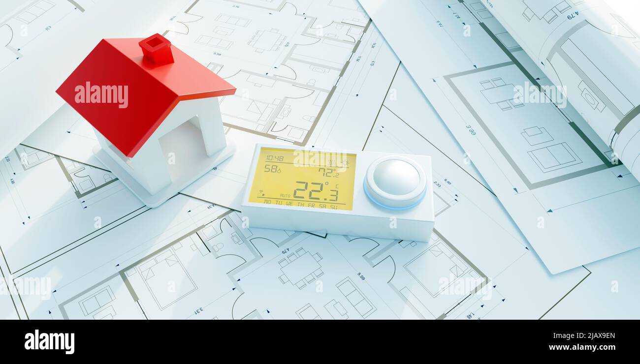 Efficienza energetica della casa. Termostato digitale e modello di costruzione su disegni di progetto, progetto di controllo della temperatura del riscaldamento domestico, rendering 3D Foto Stock