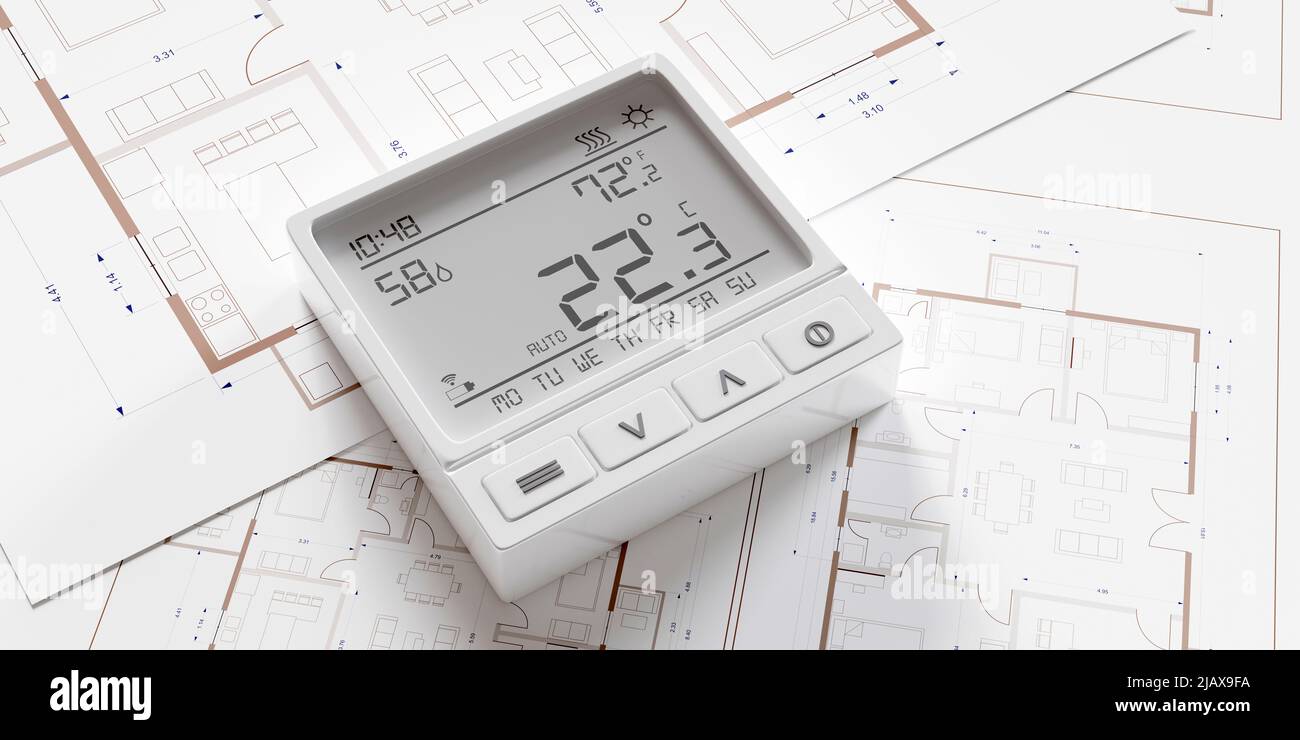 Termostato di energia su disegni di progetto, progetto di temperatura di riscaldamento domestico, dispositivo di controllo digitale per l'efficienza. 3d rendering Foto Stock
