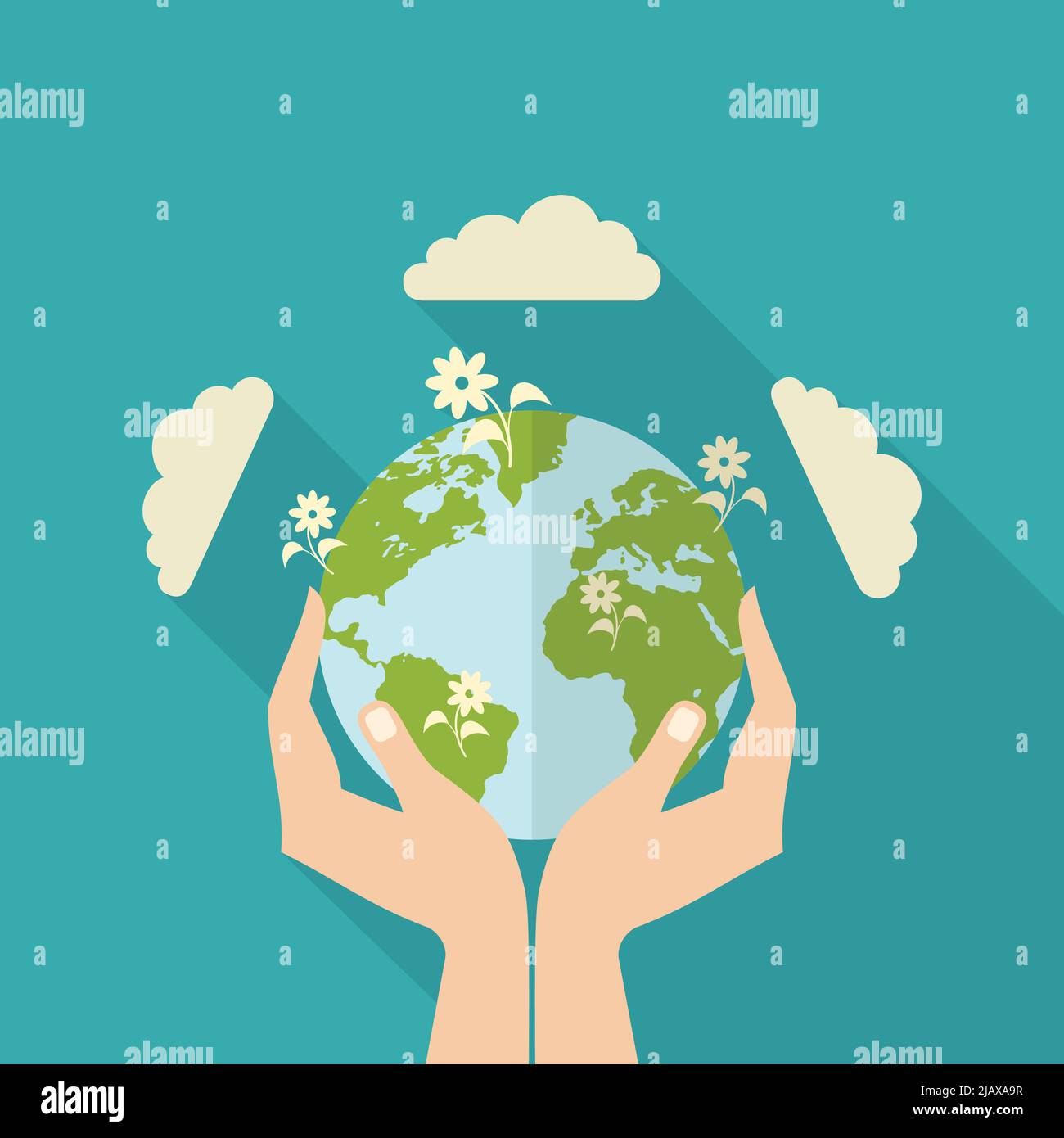 Mani umane che tengono il globo con i fiori su esso cura ambientale e responsabilità sociale poster piatto illustrazione vettoriale Illustrazione Vettoriale