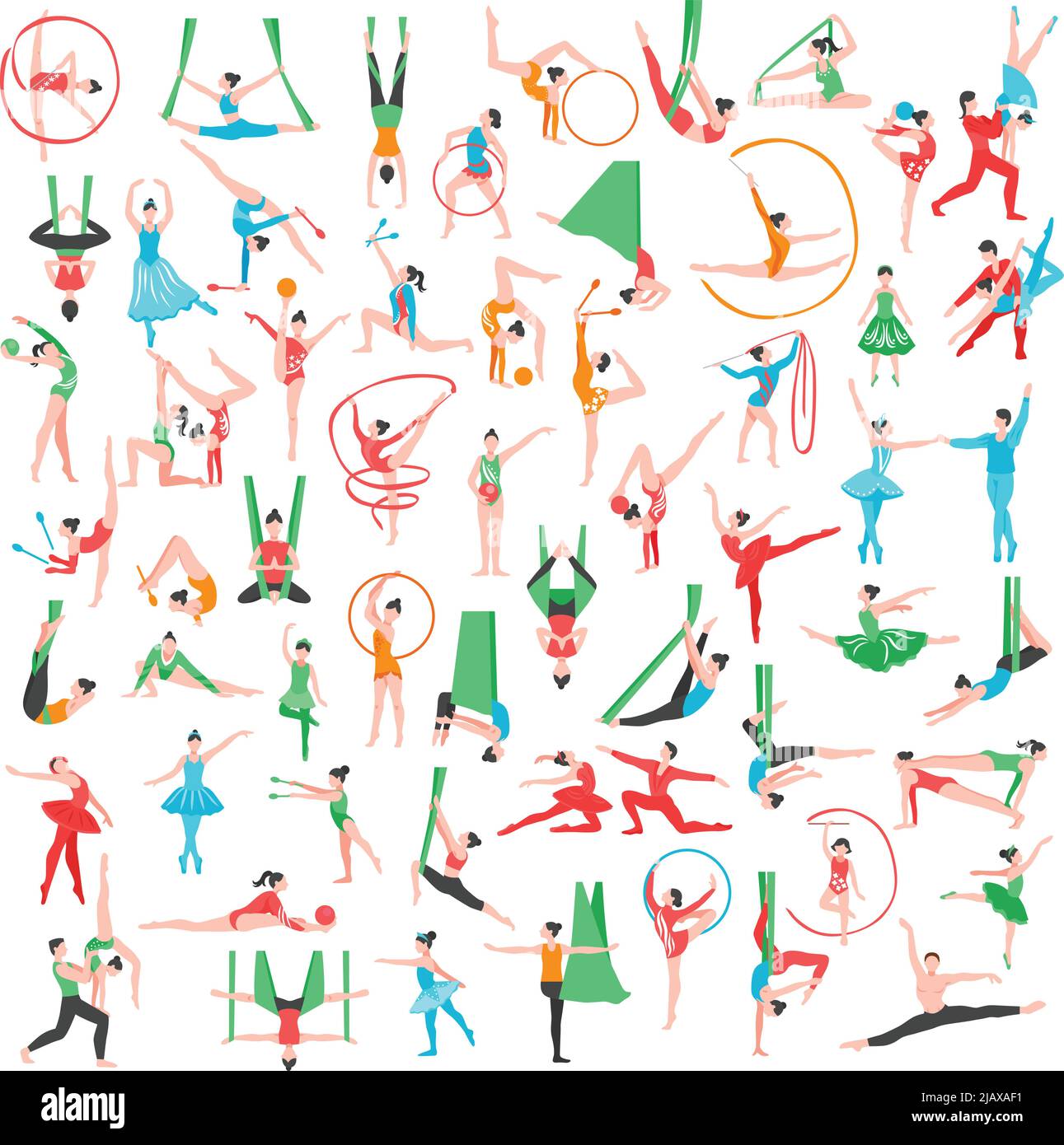 Grande set di ginnastica e balletto, tra cui ballerini trapezio artisti acrobati ragazze con strumenti sportivi isolato vettore illustrazione Illustrazione Vettoriale