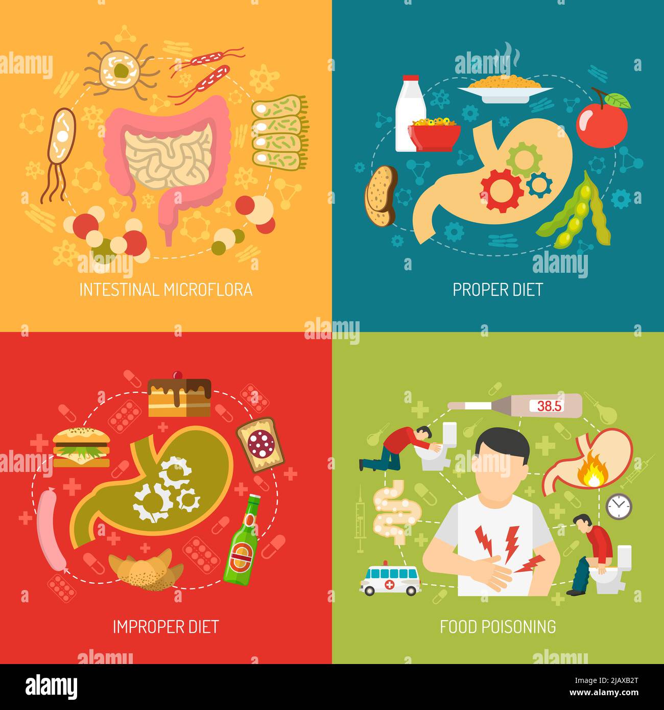 Icone del concetto di digestione impostate con la microflora intestinale e i simboli della dieta corretta illustrazione vettoriale isolata piatta Illustrazione Vettoriale