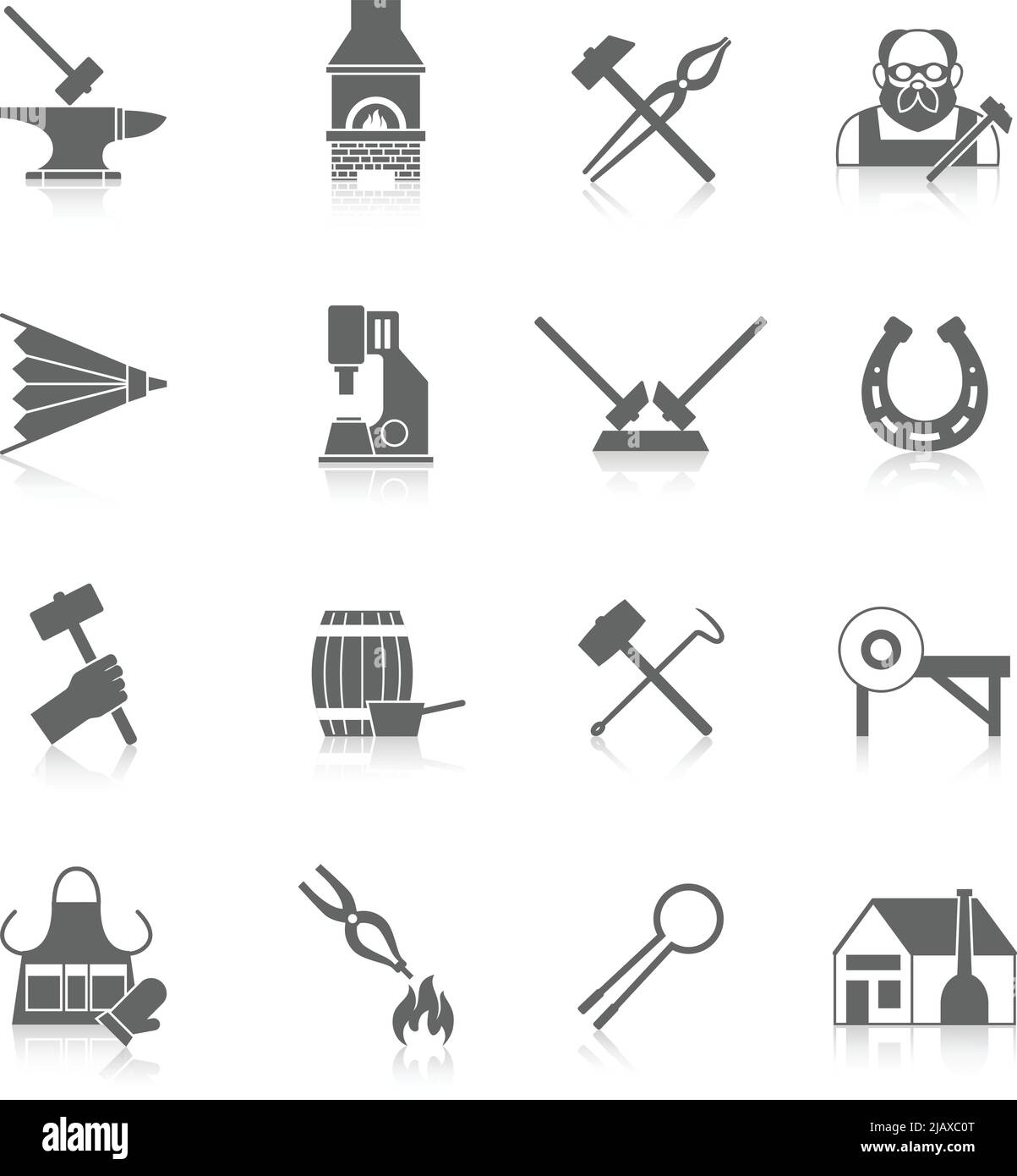 Set di icone nere di fabbro con strumenti di saldatura e stampaggio del metallo illustrazione vettoriale isolata Illustrazione Vettoriale