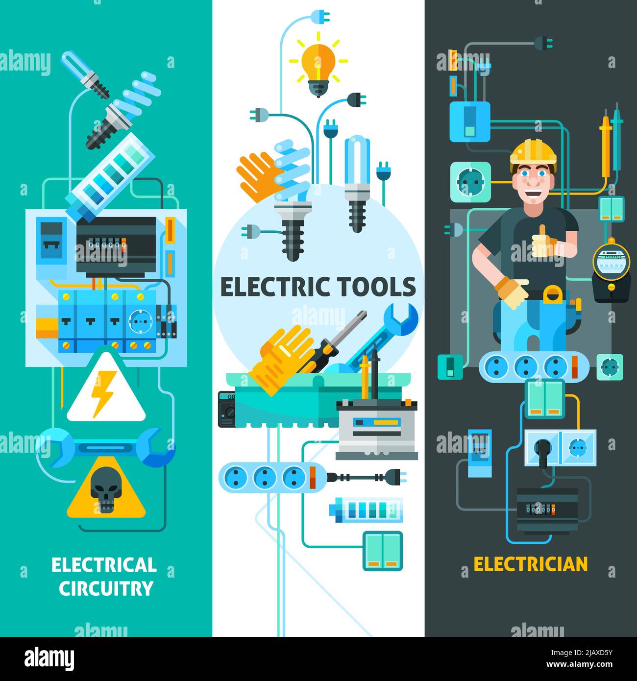 Banner verticali elettrici con simboli di circuiti elettrici, illustrazione vettoriale piatta e isolata Illustrazione Vettoriale