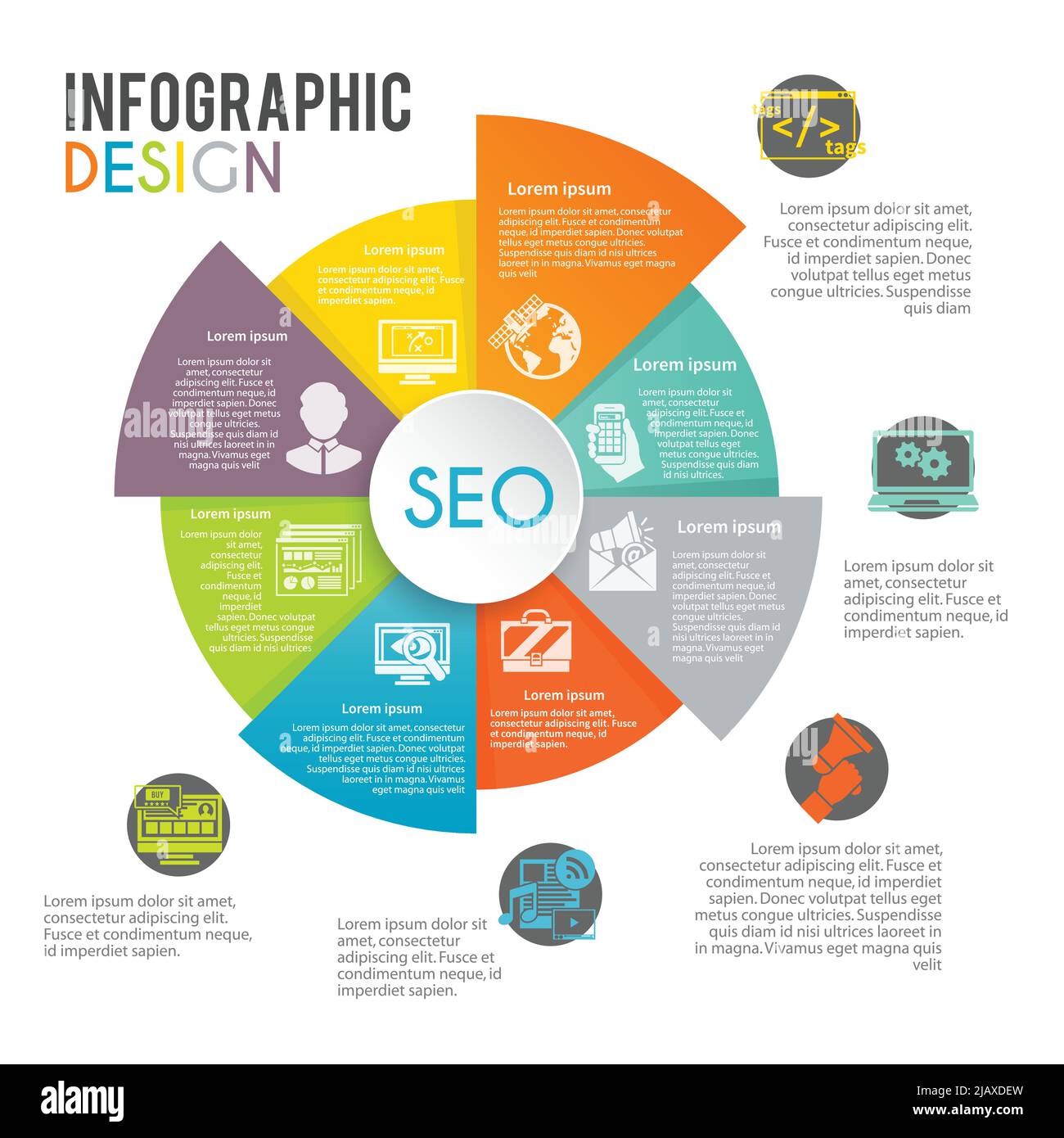 SEO Internet marketing infografiche insieme con i simboli di ottimizzazione della ricerca web in grafico a torta illustrazione vettoriale Illustrazione Vettoriale