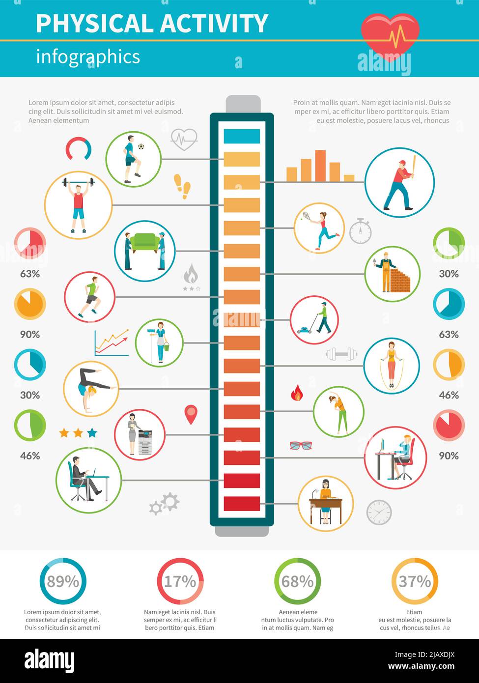 Infografica concettuale che mostra per icone i livelli di energia consumata e l'attività fisica durante le varie attività illustrazione vettoriale Illustrazione Vettoriale