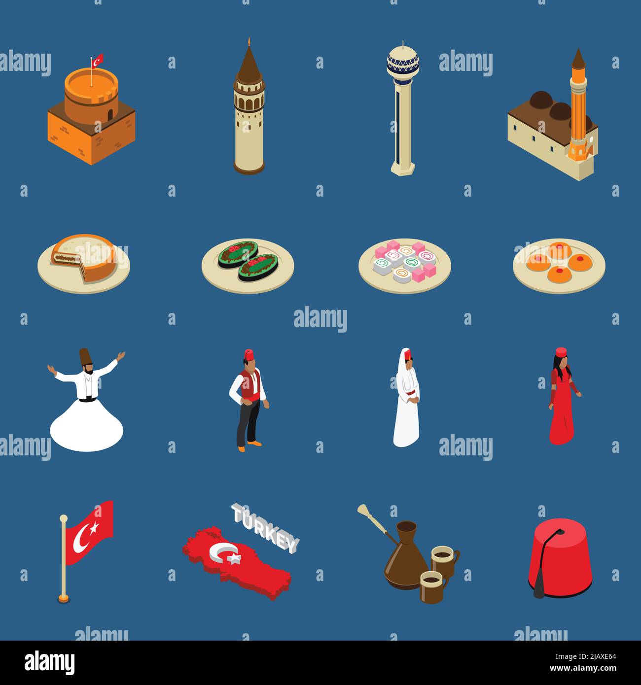 Simboli culturali turchi per i turisti icone isometriche insieme con i piatti nazionali tradizionali abbigliamento e moschea isolato vetore illustrazione Illustrazione Vettoriale
