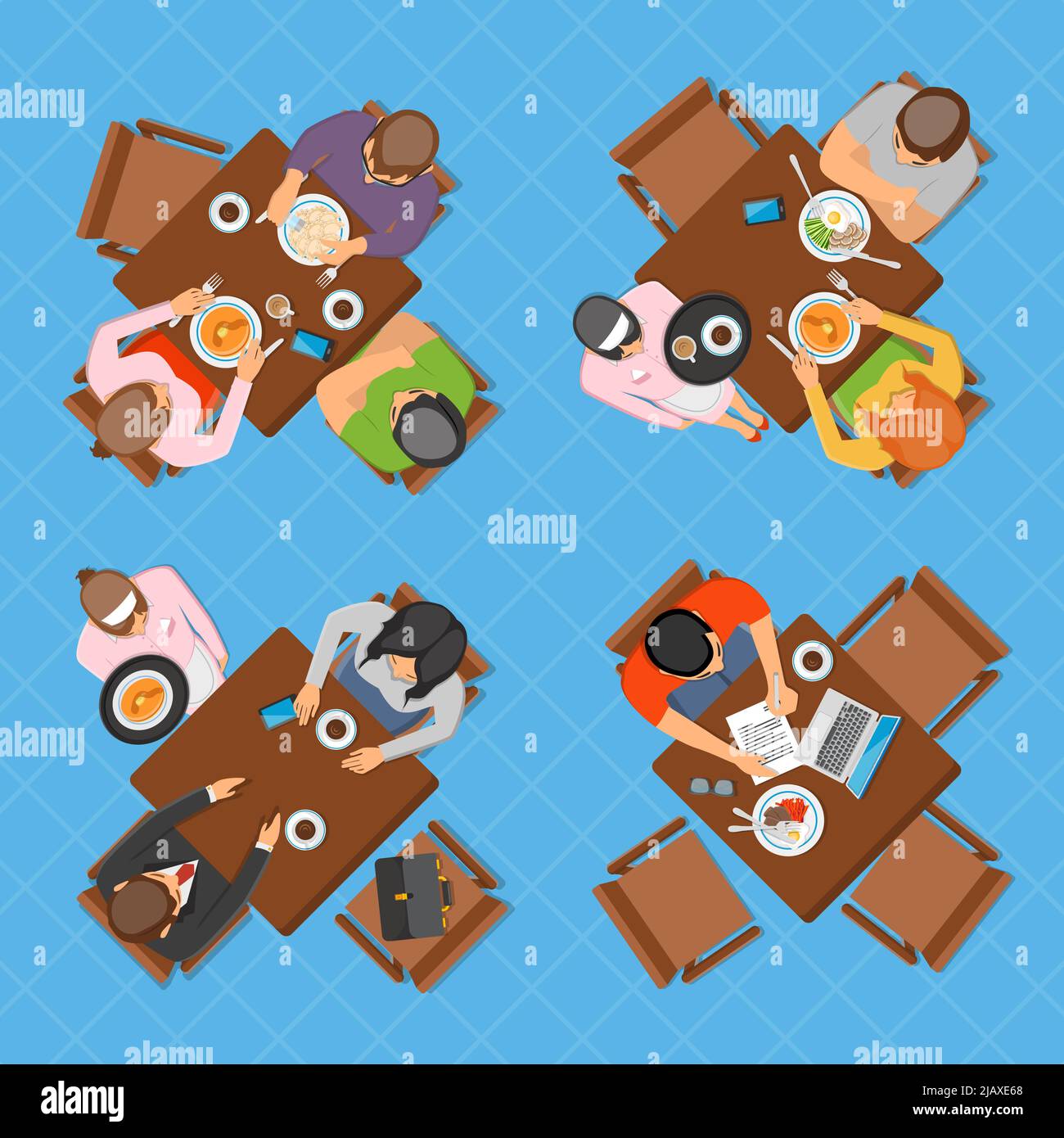 Professioni top view design composizione con gli uomini d'affari che lavorano mangiare e parlare in ristorante o caffè flat illustrazione vettoriale Illustrazione Vettoriale