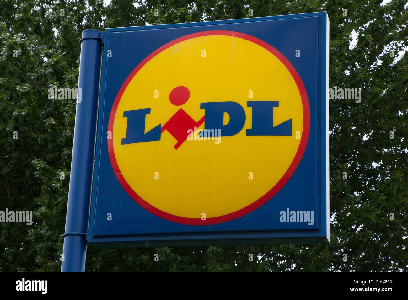 Logo di Lidl raffigurato su un cartello, Foto Stock
