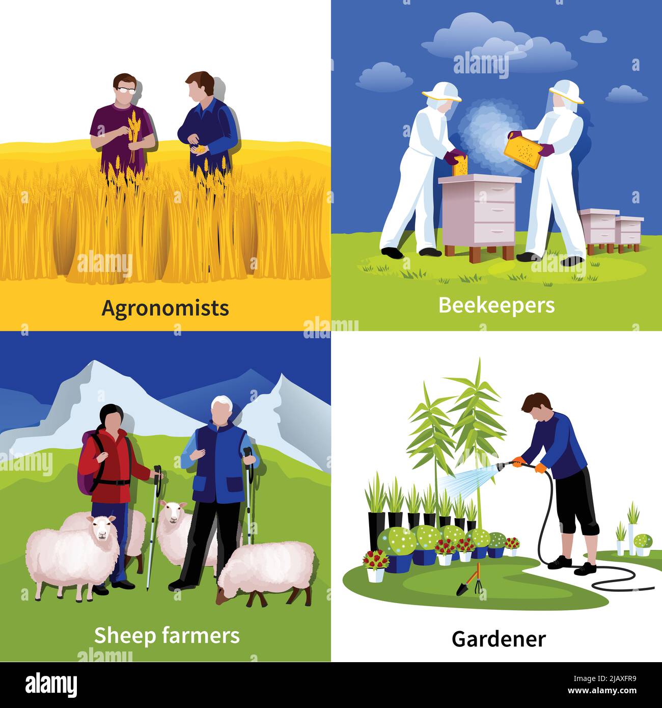 Giardiniere apicoltori pecore pastori e coltivare coltivare agricoltori al lavoro 4 icone piatte composizione quadrata isolato vettore illustrazione Illustrazione Vettoriale