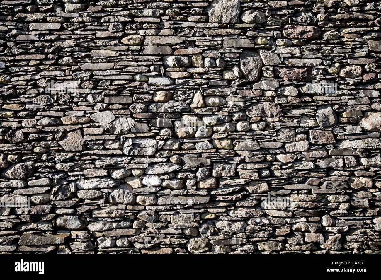 Fondo di risorse full frame di un alto e largo muro di pietra secco tipico di Yorkshire, Lancashire e Cumbria nel Regno Unito con spazio di copia Foto Stock