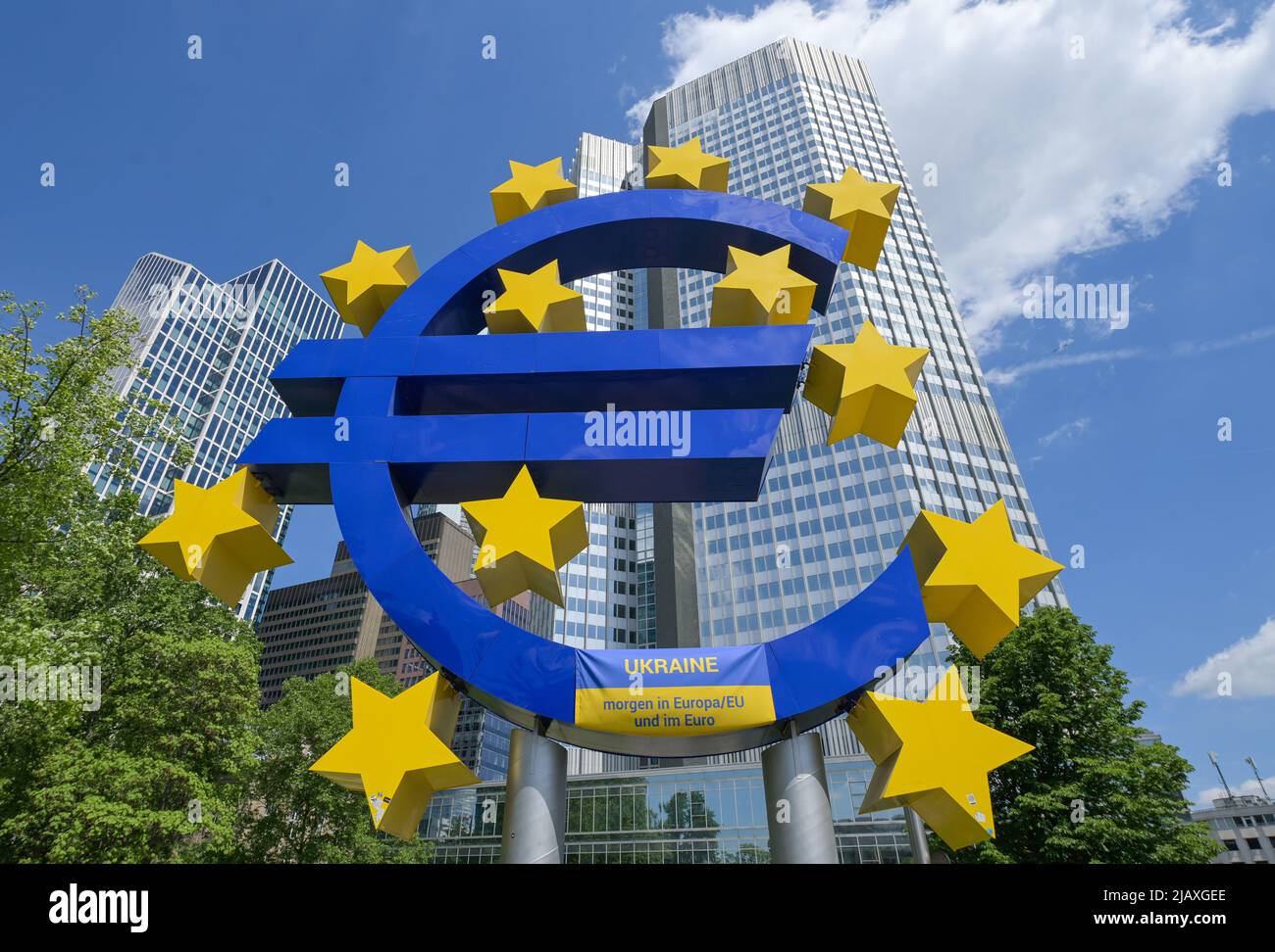 Logo Euro, Eurotower, EZB, Kaiserstraße, Francoforte sul meno, Hessen, Germania Foto Stock