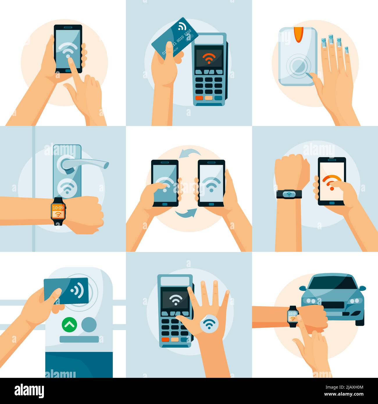 Tecnologia NFC stile piatto con smartphone nel trasferimento delle informazioni di pagamento a mani e identificazione immagine vettoriale isolata Illustrazione Vettoriale
