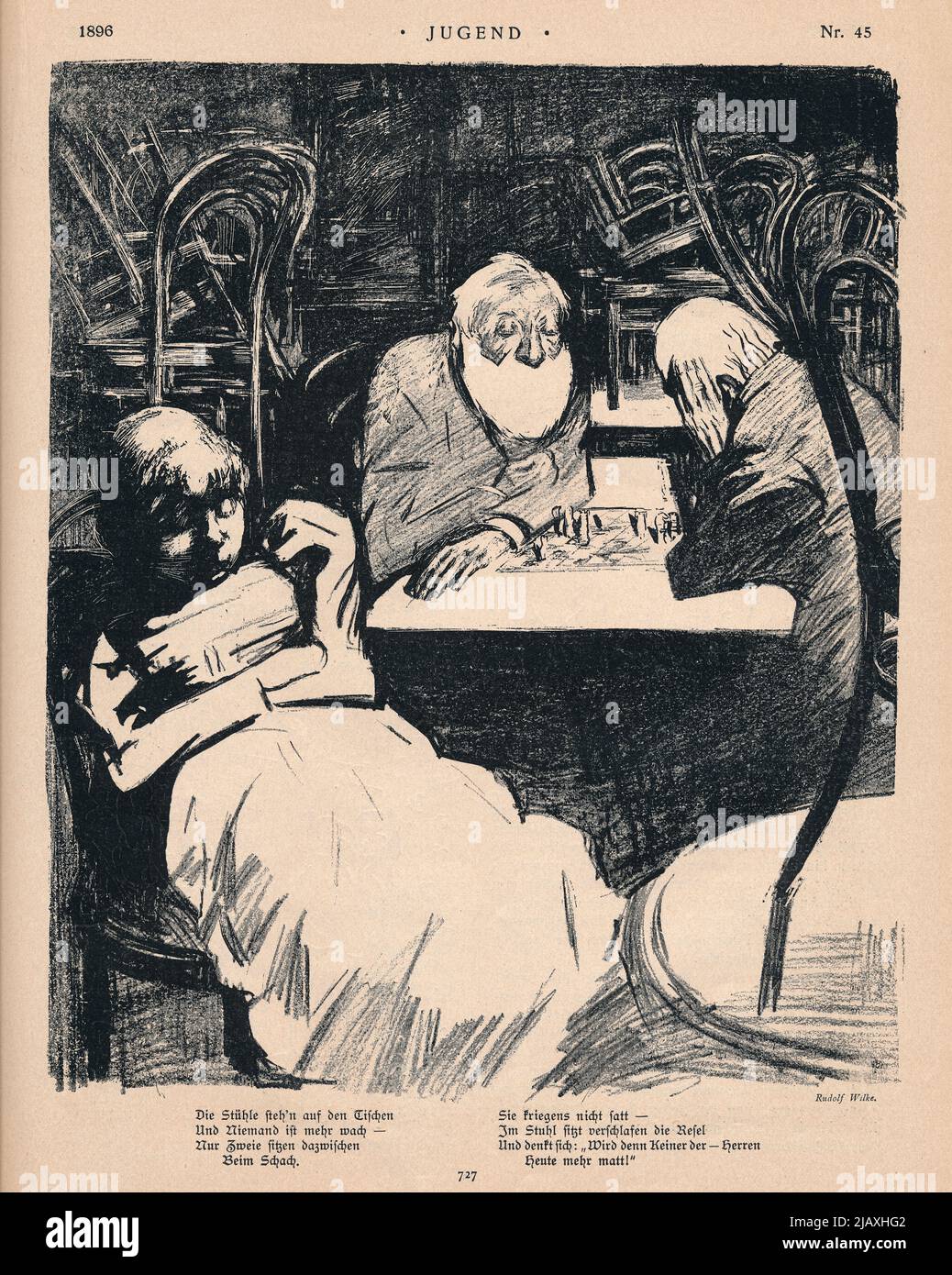 Rivista Jugend del 1896, lillusione di due vecchi uomini che giocano a scacchi a tarda notte in una taverna. Foto Stock