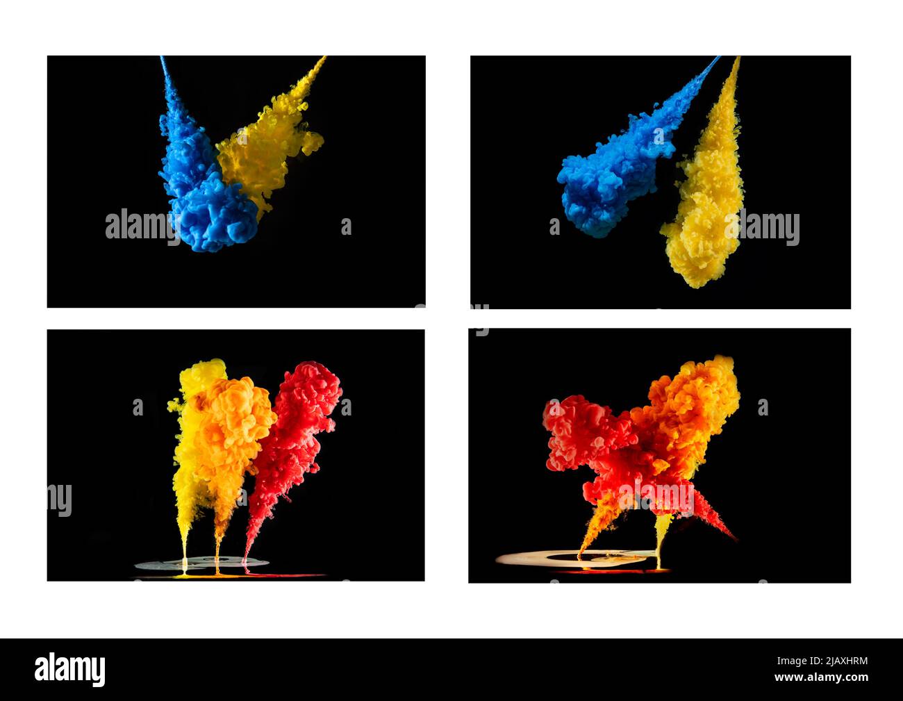 4 immagini di pittura ad acqua e acrilica su tela blu, gialla, arancione e rossa, sfondo nero, tela bianca Foto Stock
