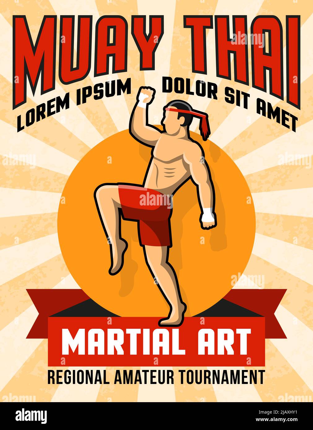 Manifesto d'arte marziale Muay thai con combattente al centro in giallo e rosso illustrazione vettoriale colori Illustrazione Vettoriale