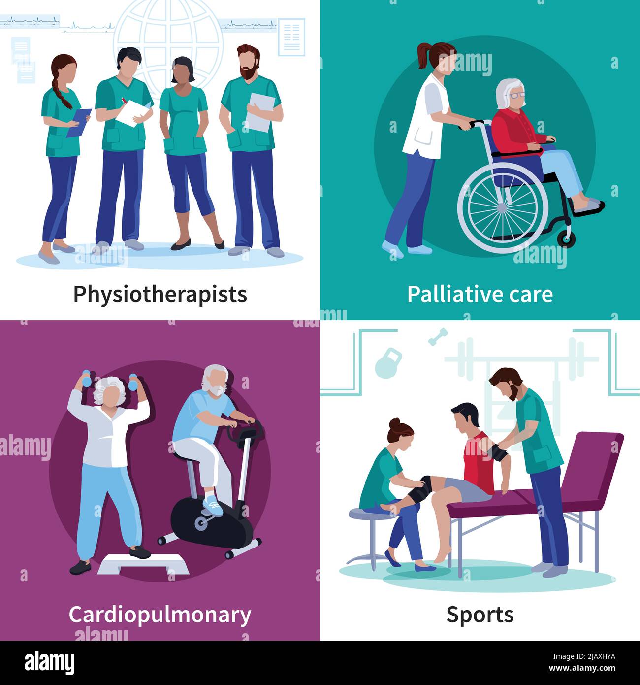 Fisioterapia esercizi di riabilitazione cardiologica e attrezzature di cura palliativa 4 icone piatte banner quadrato illustrazione vettoriale isolata Illustrazione Vettoriale