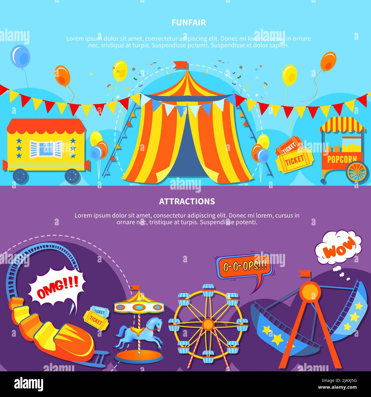 Parco di divertimento banner orizzontali sito web design astratto isolato vettore illustrazione Illustrazione Vettoriale