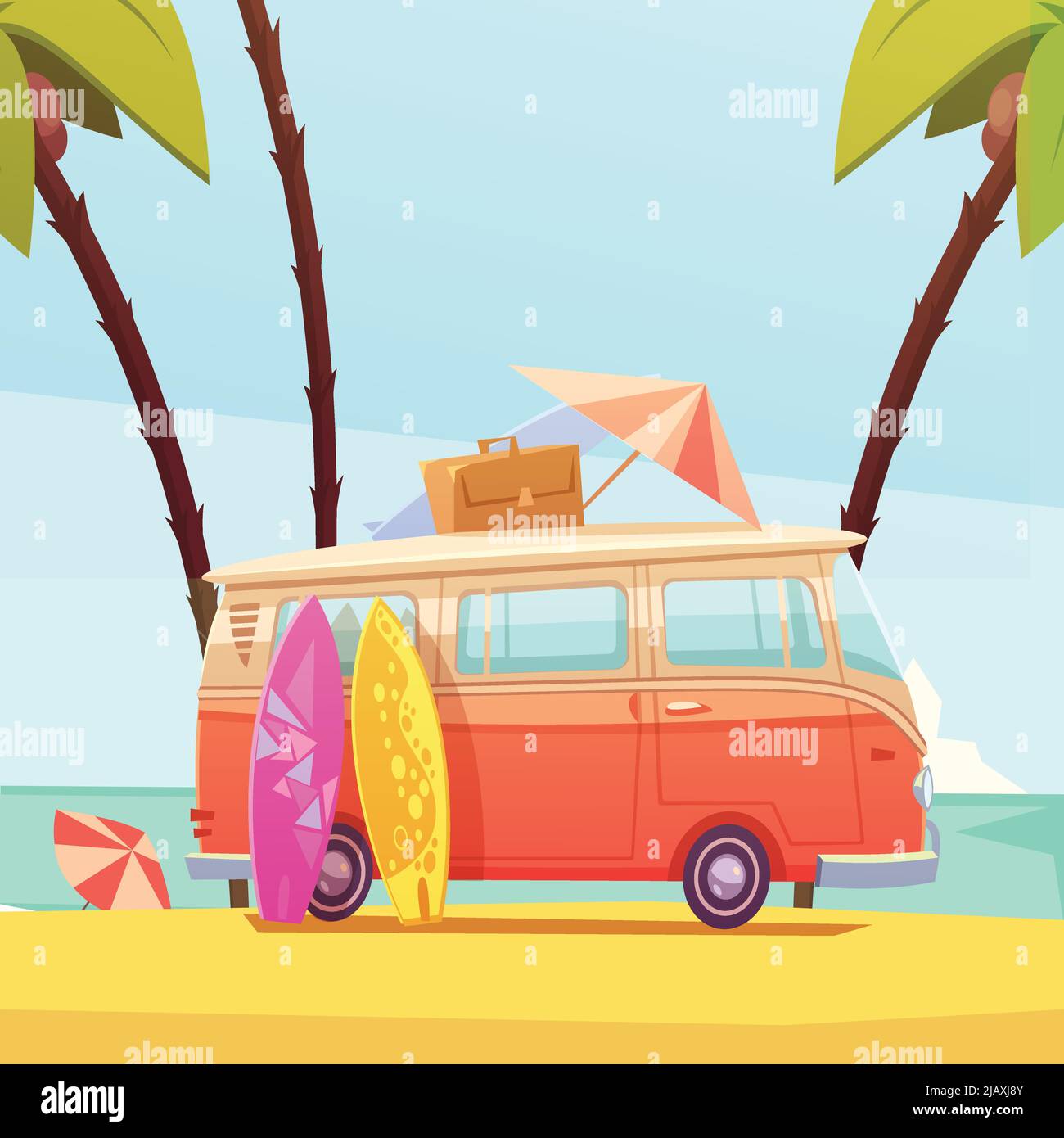 Surf e autobus con valigia tavole da surf e ombrello pronto per viaggio piatto cartoon vettore illustrazione Illustrazione Vettoriale