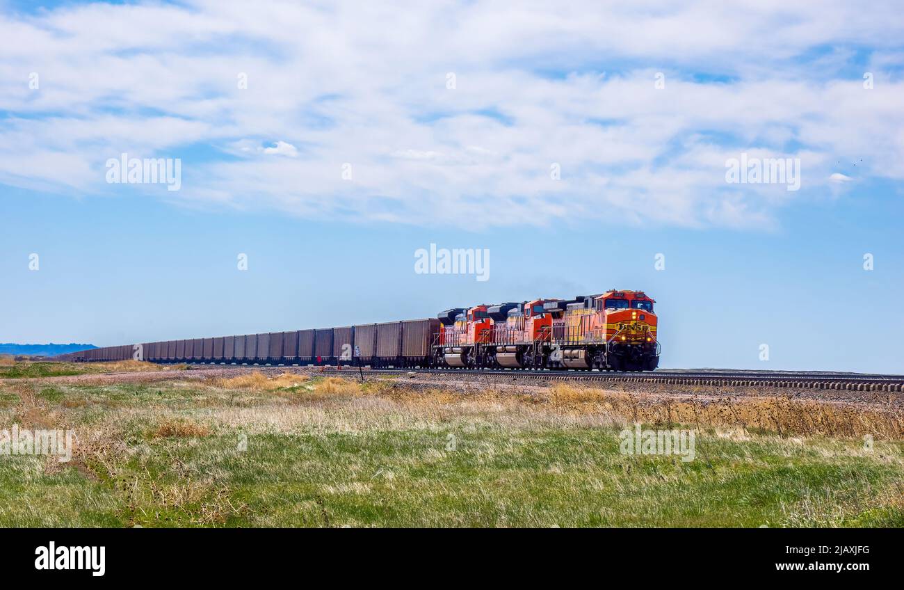 Tre attacchi che trainano un lungo treno sulle pianure del Nebraska USA nord-occidentale Foto Stock