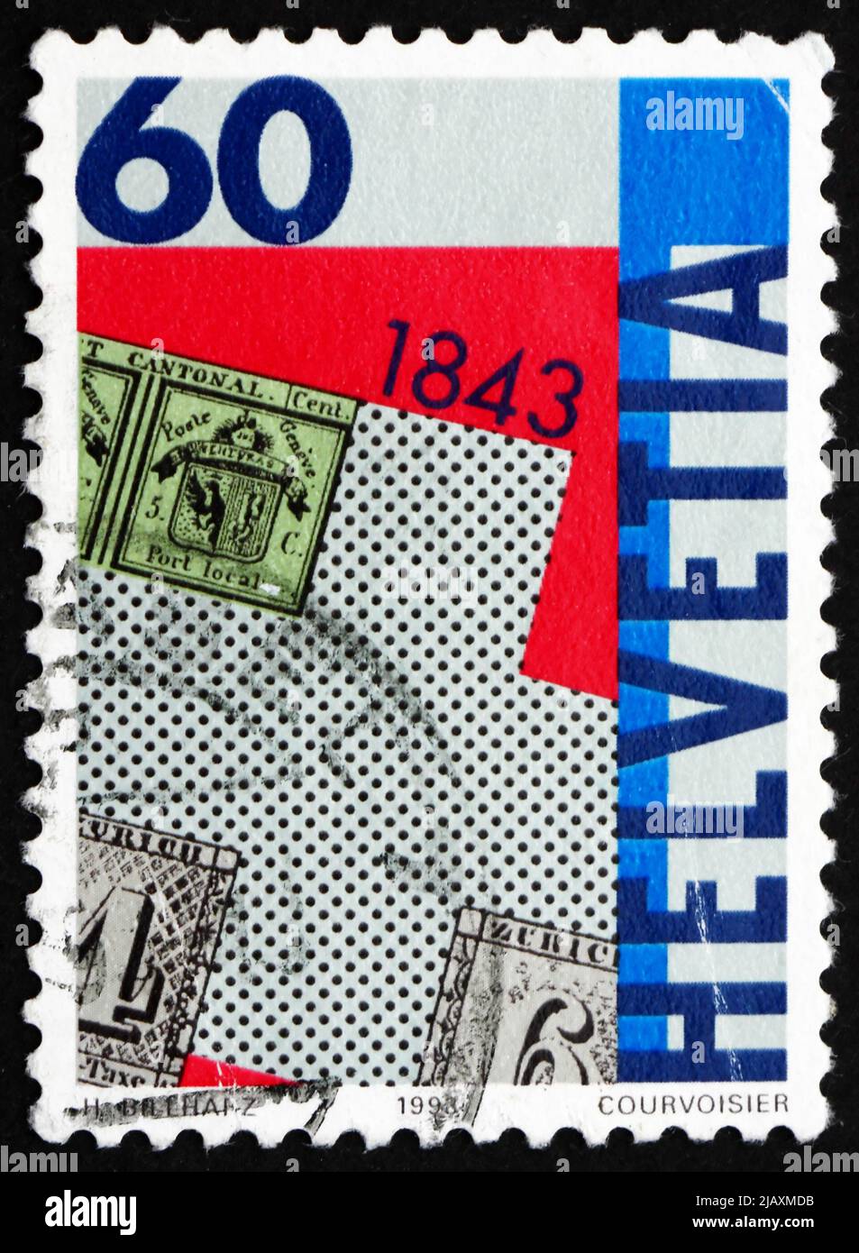 SVIZZERA - CIRCA 1993: Un francobollo stampato in Svizzera mostra francobollo Zurigo tipi A1 e A2, 150th anniversario del primo francobollo svizzero Foto Stock
