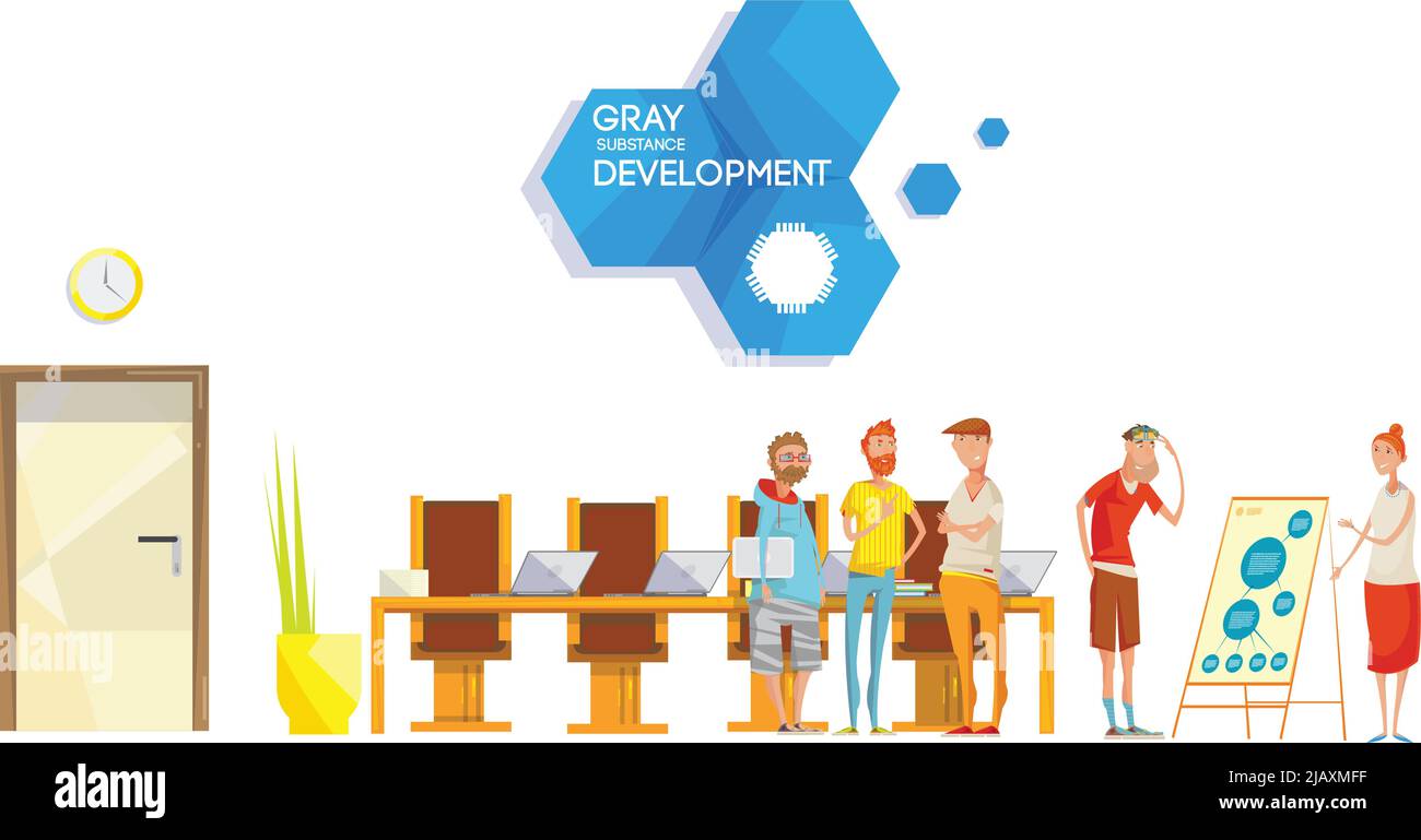 Composizione piatta con progetto di società di ingegneria del software riunione in ufficio con i caratteri dei dipendenti e l'illustrazione vettoriale del logo aziendale Illustrazione Vettoriale