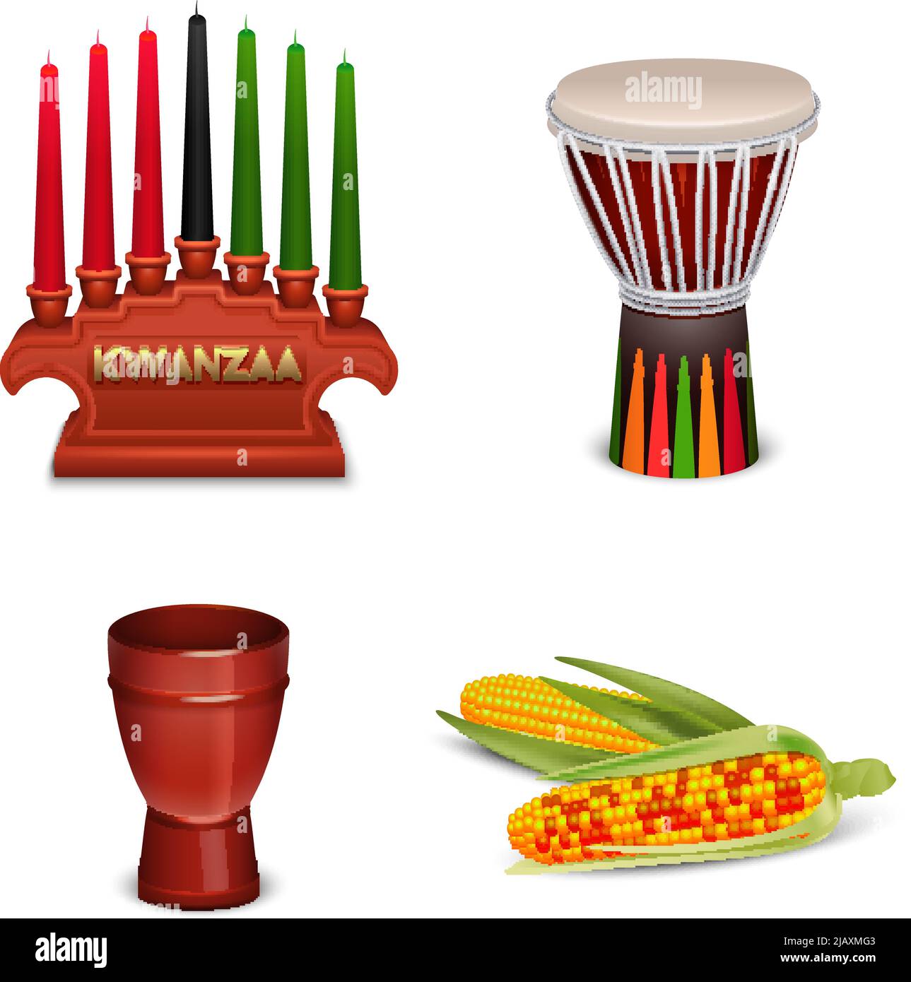 Kwanzaa festa celebrazioni 4 simboli culturali di base composizione quadrata con mais e portacandele isolato illustrazione vettoriale Illustrazione Vettoriale