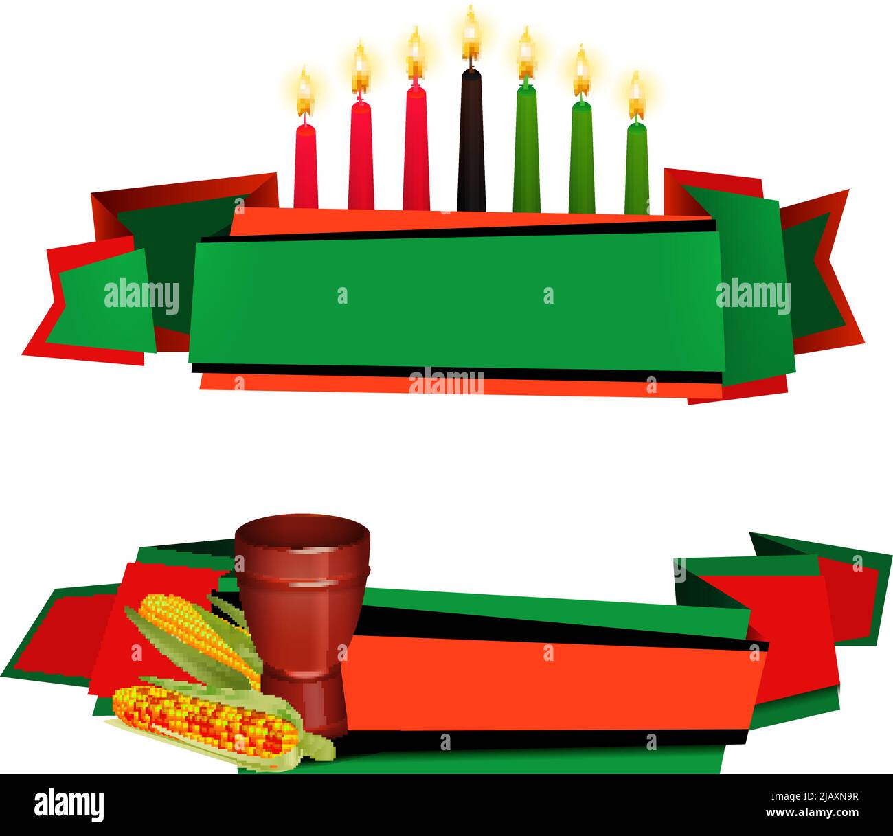 Kwanzaa festeggiamenti tradizionale rosso verde 2 bandiere orizzontali con kinara candele e cibo isolato vettore illustrazione Illustrazione Vettoriale