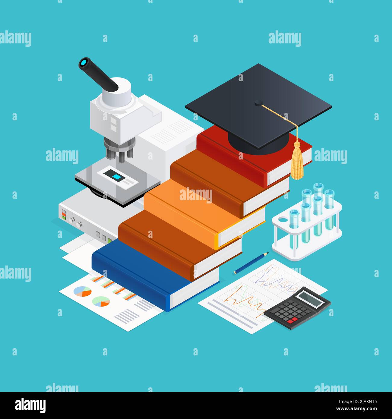 Apprendimento del concetto di design isometrico con scale da libri accademici cappello accessori educativi su sfondo blu illustrazione vettoriale Illustrazione Vettoriale
