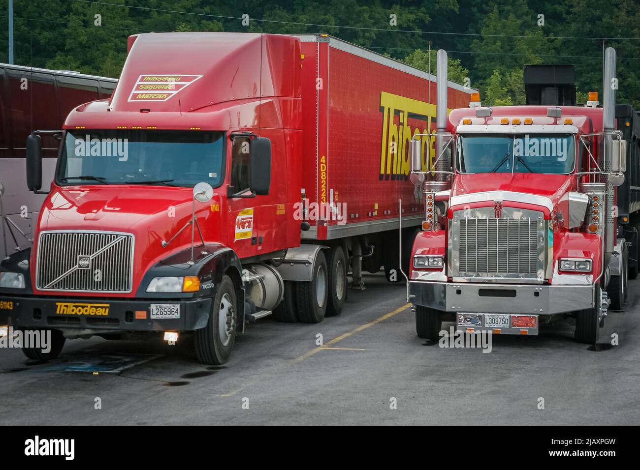 Ottawa, Ontario, Canada, agosto 2005 - i camion di lunga percorrenza parcheggiati ad una fermata di arresto dell'autostrada Foto Stock