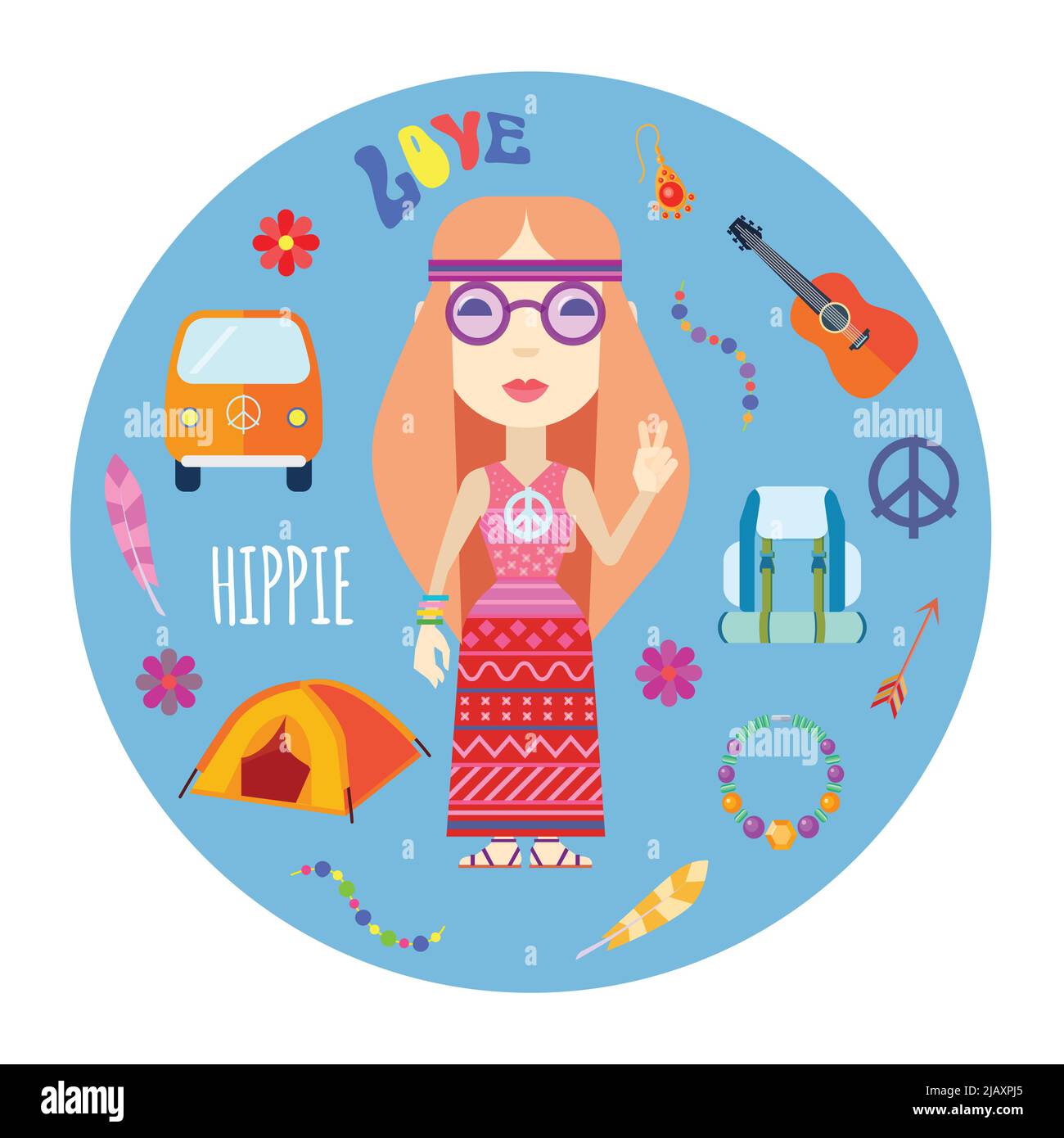 Ragazza hippie personaggio con capelli rossi chitarra e zaino accessori  piatto rotondo blu sfondo astratto illustrazione vettoriale Immagine e  Vettoriale - Alamy