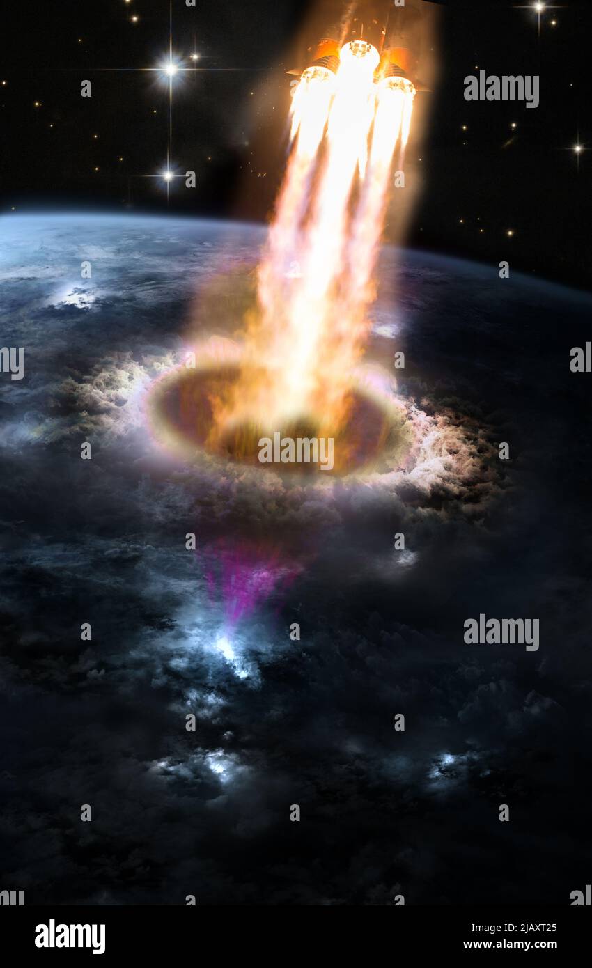Lancio di un veicolo spaziale dal pianeta Terra nello spazio attraverso il buco dell'ozono. Elementi di questa immagine forniti dalla NASA. Foto Stock