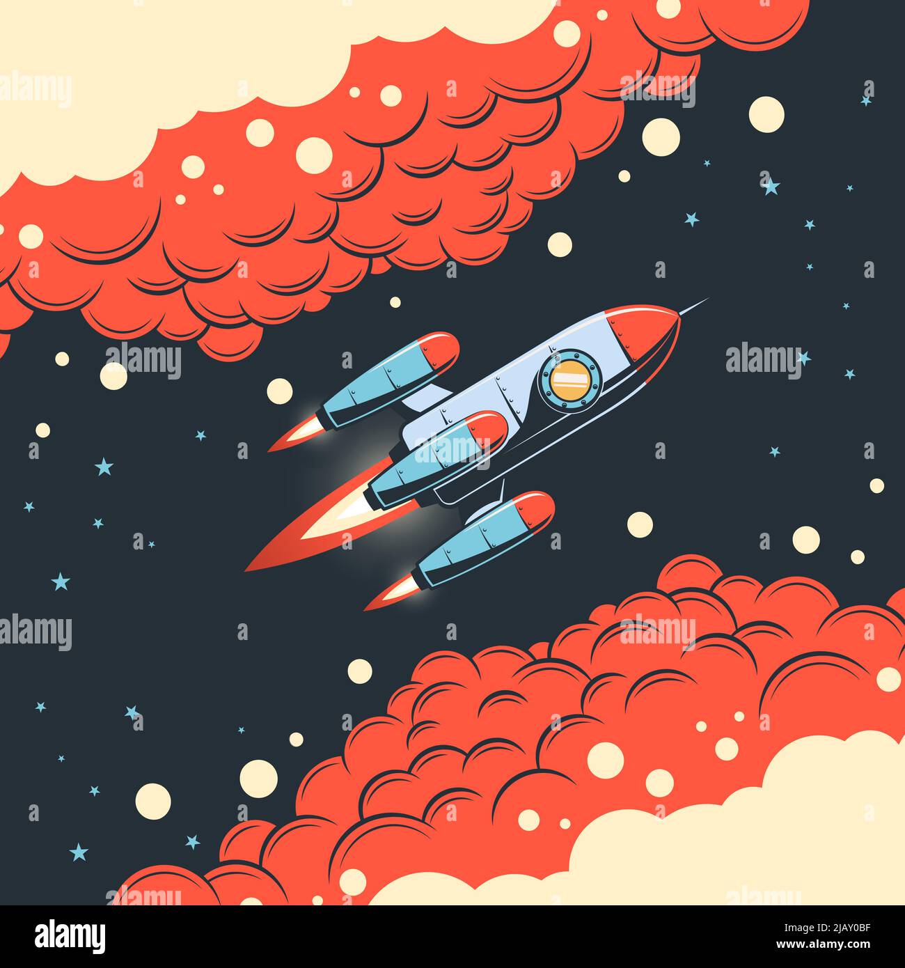 Razzo nello spazio con nuvole - stile comico retrò Illustrazione Vettoriale