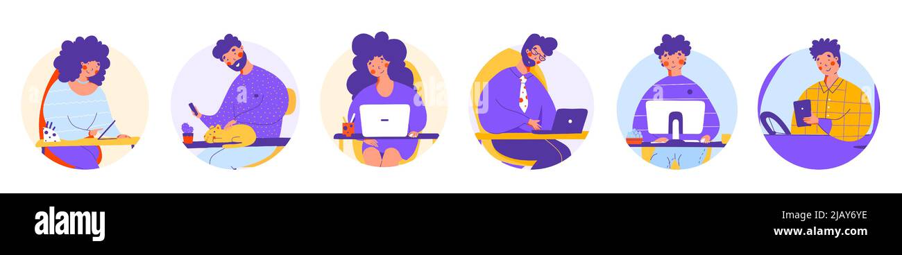 Lavoratori in ufficio a carattere piatto. Concetto di soggiorno a casa. Comunicazione digitale. Illustrazione Vettoriale
