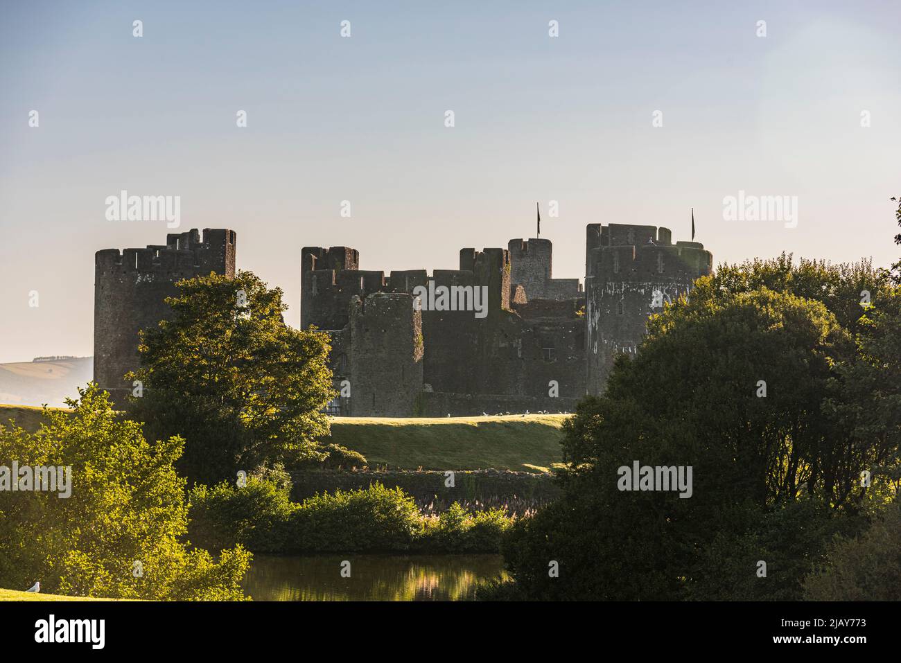 Il castello medievale di Caerphilly, Galles del Sud, Regno Unito. Si prega di credito: Phillip Roberts Foto Stock