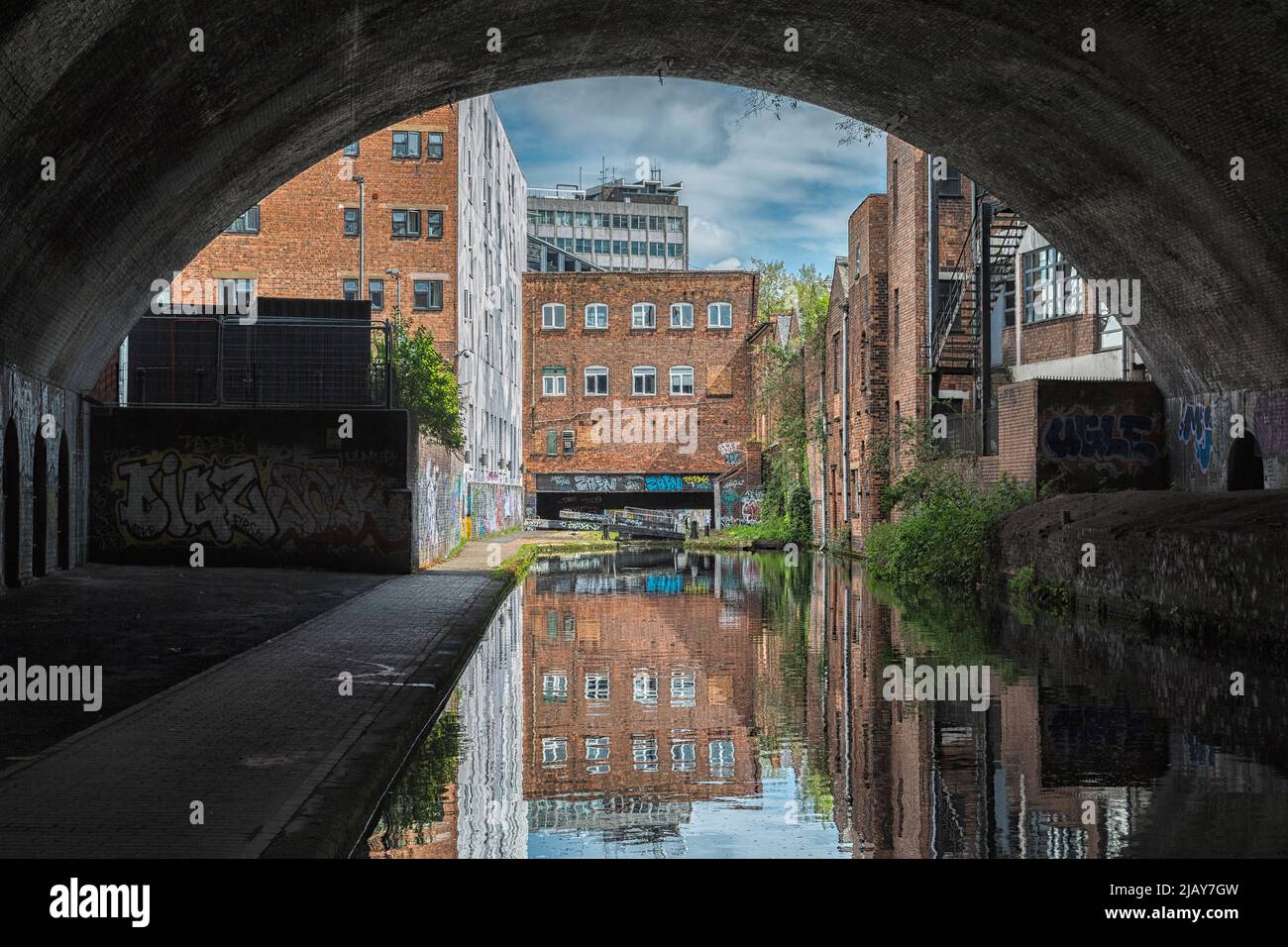 Graffiti sulle pareti all'uscita di un tunnel canale. La mancanza di persone, gli alberi e i cespugli incatenati aggiungono un senso di desolazione alla scena. Foto Stock