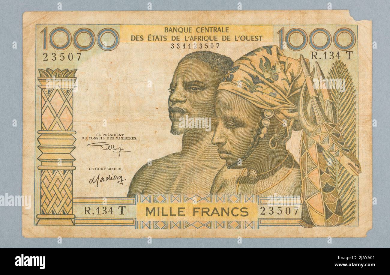Banconota da 1000 franchi, Banca Centrale degli Stati dell'Africa Occidentale, Africa Occidentale, T (= Togo), B.R. (1959 65) Banque de France, Parigi Foto Stock