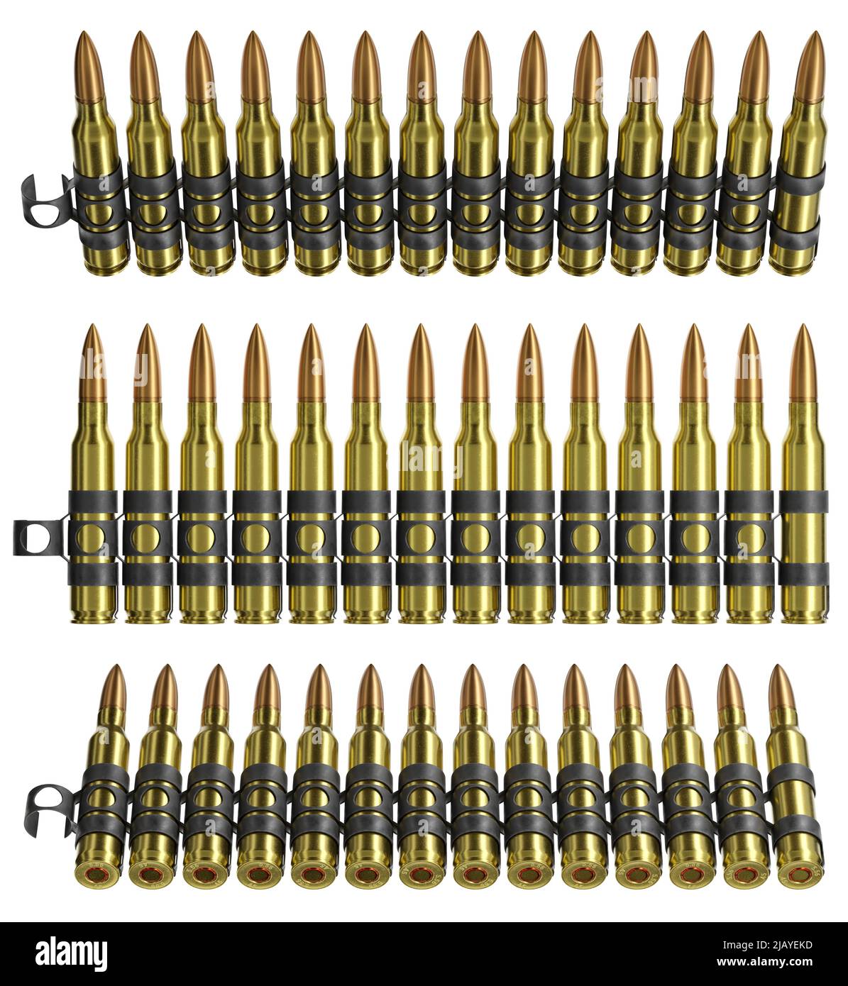 3d rappresentazione di nastri di munizioni di fucili isolati su sfondo bianco. La NATO calliber. Viste diverse Foto Stock