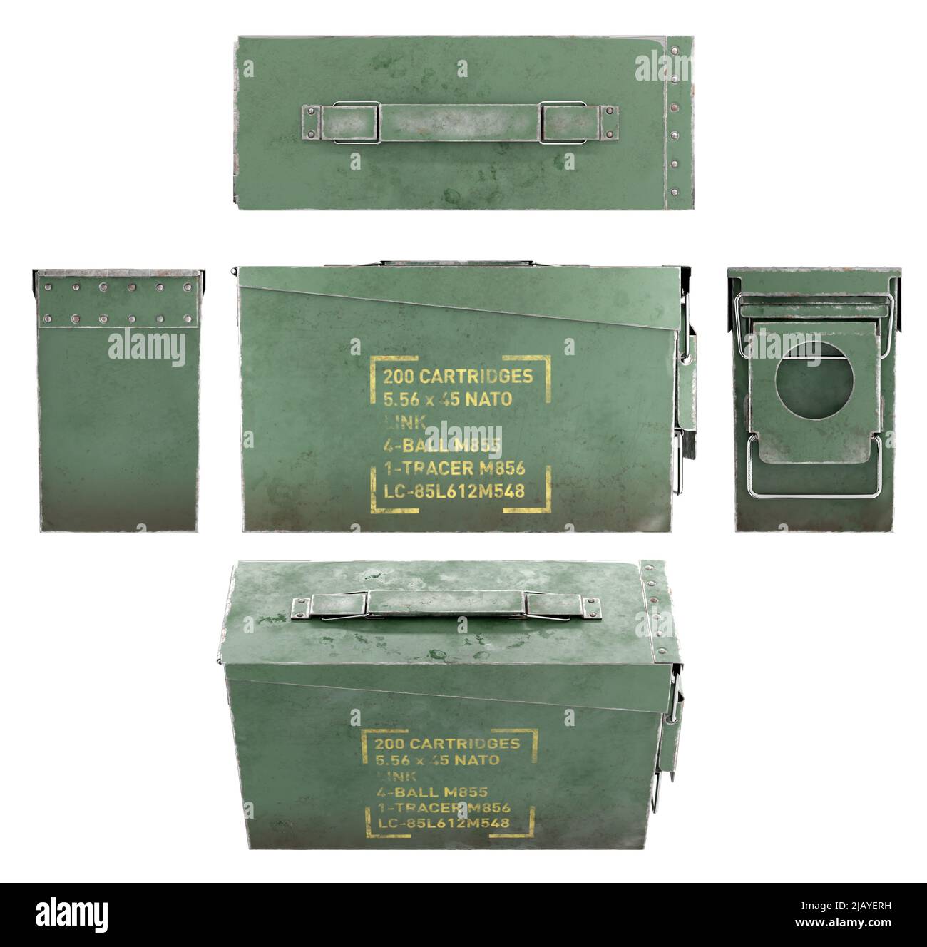 3d rappresentazione di una scatola di munizioni di fucile isolata su bianco. La NATO calliber. Viste diverse. Foto Stock