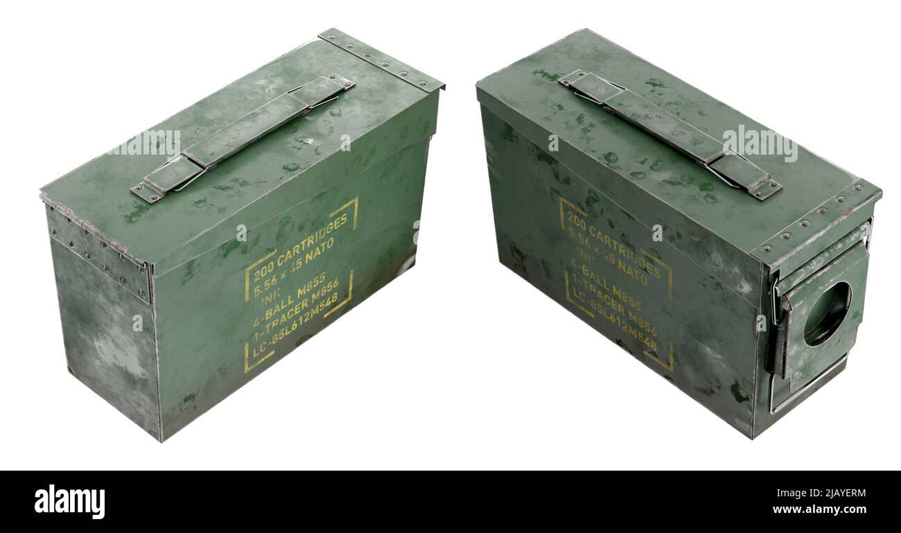 3d rappresentazione di una scatola di munizioni di fucile isolata su bianco. La NATO calliber. Vista prospettica. Foto Stock