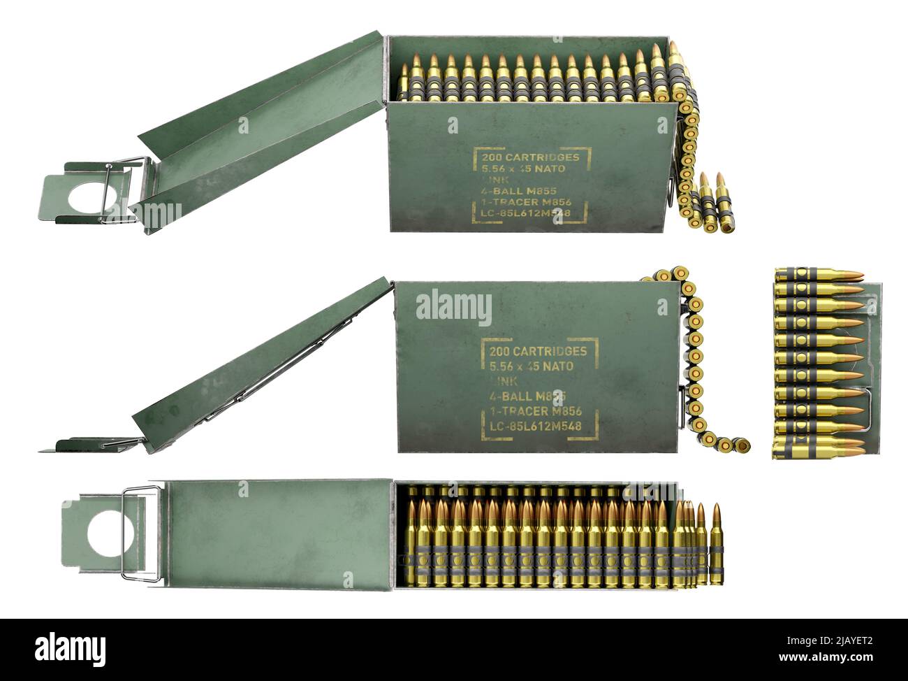 3d rappresentazione di una scatola aperta di munizioni di fucile isolata su bianco. La NATO calliber. Viste diverse. Foto Stock