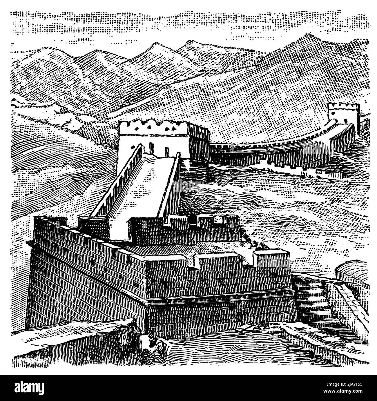 Parte della Grande Muraglia al Passo Nan-k'ou. Cina. Pubblicazione del libro 'Meyers Konversations-Lexikon', Volume 2, Lipsia, Germania, 1910 Foto Stock