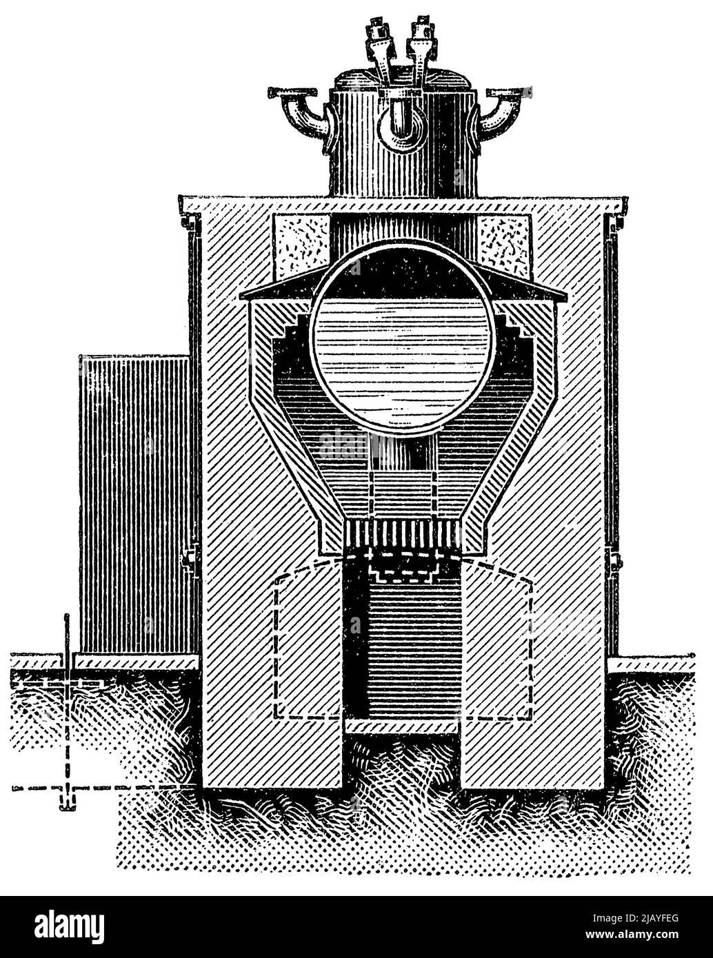 Semplice caldaia a cilindri (caldaia a rulli), vista in sezione. Pubblicazione del libro 'Meyers Konversations-Lexikon', Volume 2, Lipsia, Germania, 1910 Foto Stock