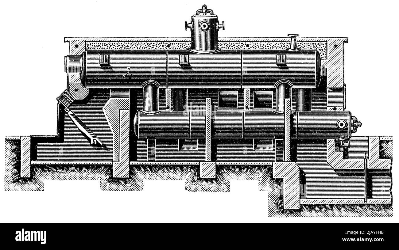 Caldaia a cilindri multipli (caldaia a rulli) con cottura intermedia. Pubblicazione del libro 'Meyers Konversations-Lexikon', Volume 2, Lipsia, Germania, 1910 Foto Stock