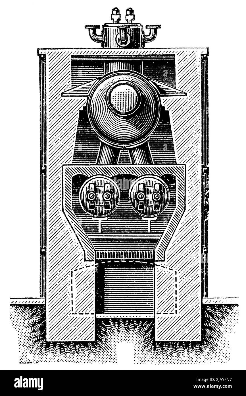 Caldaia a cilindri multipli (caldaia a rulli) con cottura dal basso, vista in sezione. Pubblicazione del libro 'Meyers Konversations-Lexikon', Volume 2, Lipsia, Germania, 1910 Foto Stock