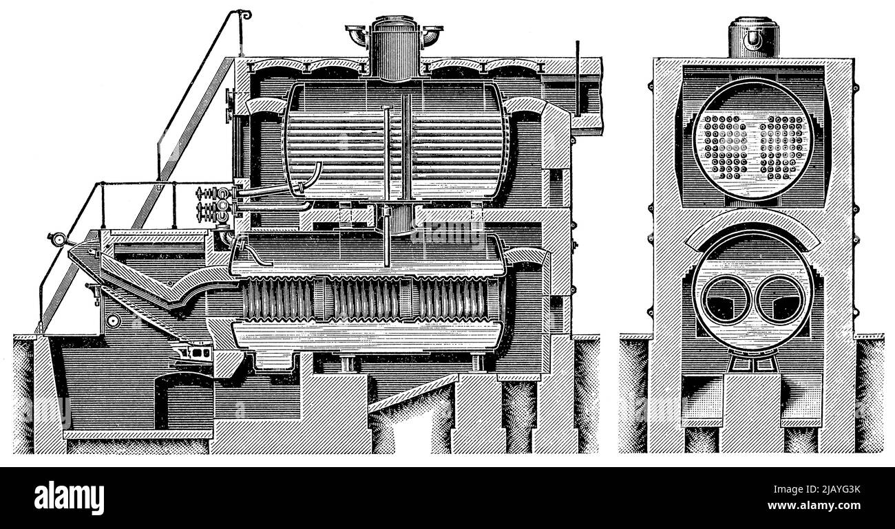 Tubo di fiamma combinato e caldaia a tubo di riscaldamento, vista in sezione. Pubblicazione del libro 'Meyers Konversations-Lexikon', Volume 2, Lipsia, Germania, 1910 Foto Stock