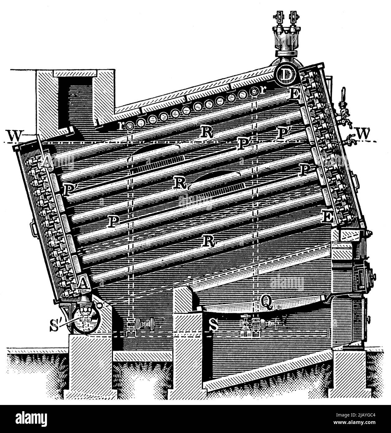 Caldaia Rootscher a tubi d'acqua, vista in sezione. Pubblicazione del libro 'Meyers Konversations-Lexikon', Volume 2, Lipsia, Germania, 1910 Foto Stock