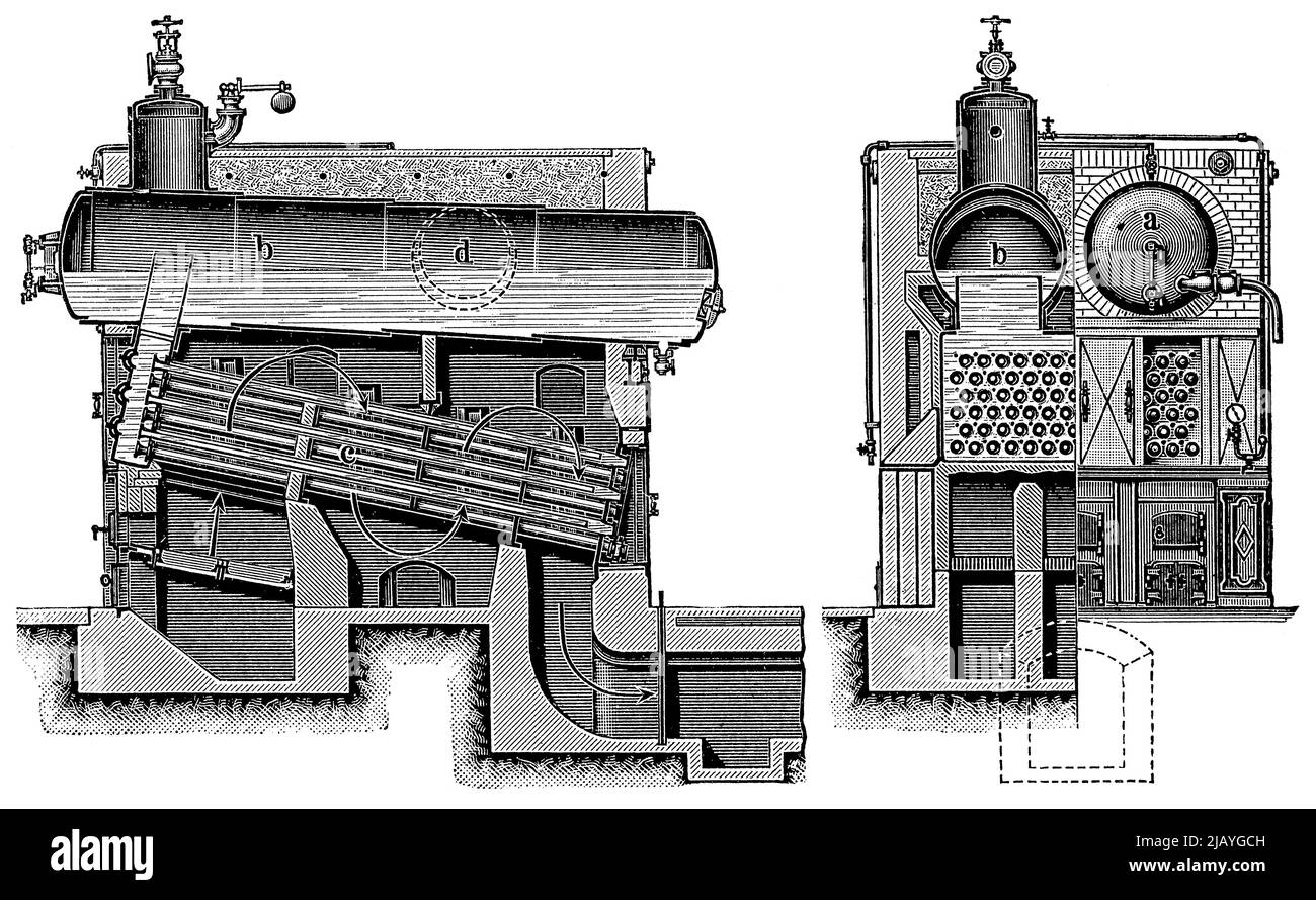 Caldaia a tubo dell'acqua (sistema a camera singola), vista in sezione. Pubblicazione del libro 'Meyers Konversations-Lexikon', Volume 2, Lipsia, Germania, 1910 Foto Stock