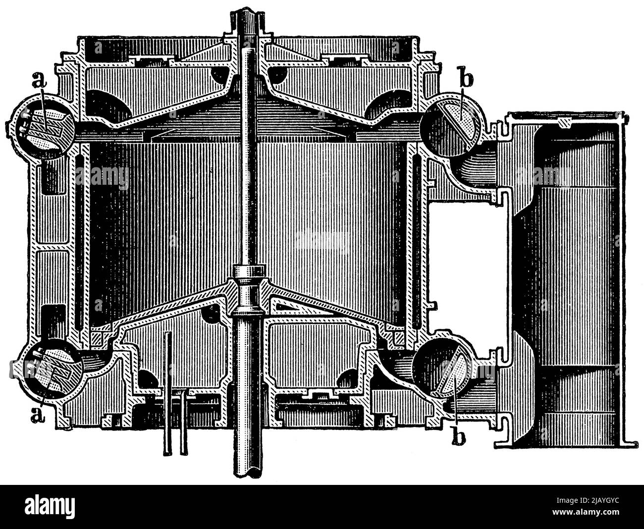 Sezione attraverso il cilindro del vapore. Controllo del rubinetto forzato. Pubblicazione del libro 'Meyers Konversations-Lexikon', Volume 2, Lipsia, Germania, 1910 Foto Stock