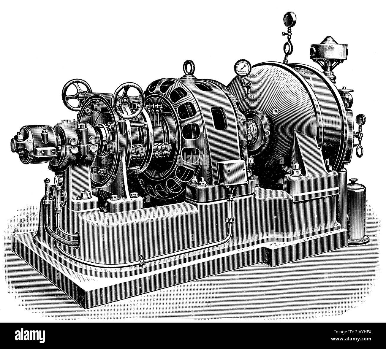 Curtis 150 kW Turbo dinamo. Pubblicazione del libro 'Meyers Konversations-Lexikon', Volume 2, Lipsia, Germania, 1910 Foto Stock