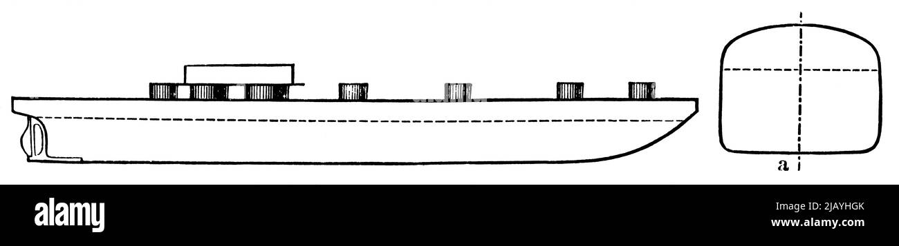 Battello a vapore Whaleback in sezione trasversale. Pubblicazione del libro 'Meyers Konversations-Lexikon', Volume 2, Lipsia, Germania, 1910 Foto Stock